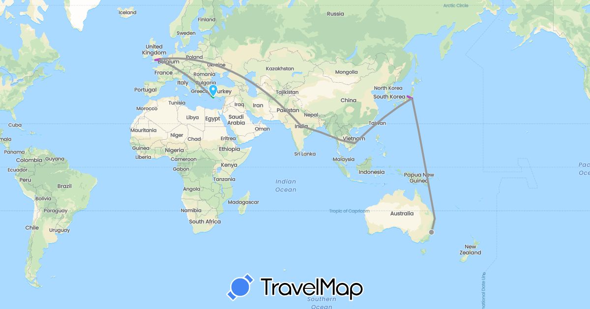 TravelMap itinerary: bus, plane, train, boat in Australia, United Kingdom, Greece, India, Japan, Thailand, Turkey, Vietnam (Asia, Europe, Oceania)